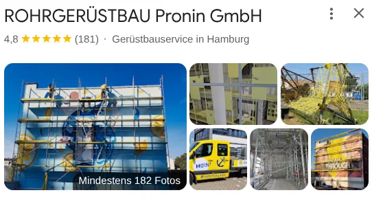 Google reviews ROHRGERÜSTBAU Pronin GmbH: 4.8 out of 5 stars from 181 reviews
